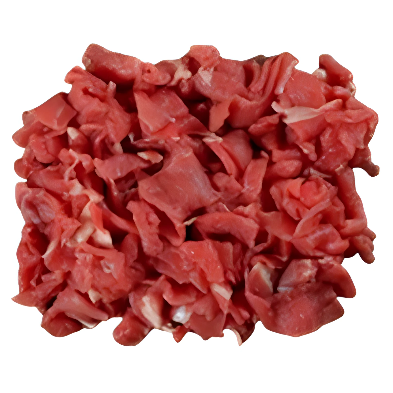 Carne cortada en cubos para tacos, sobre fondo blanco